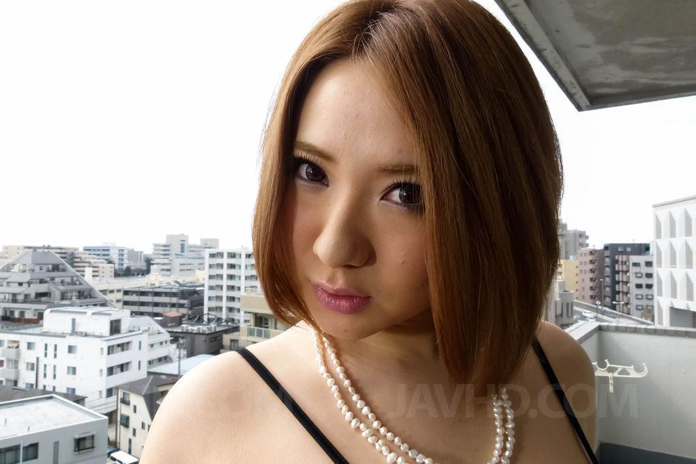 Japanese redhead Alice Ozawa has her big tits groped during MMF sex