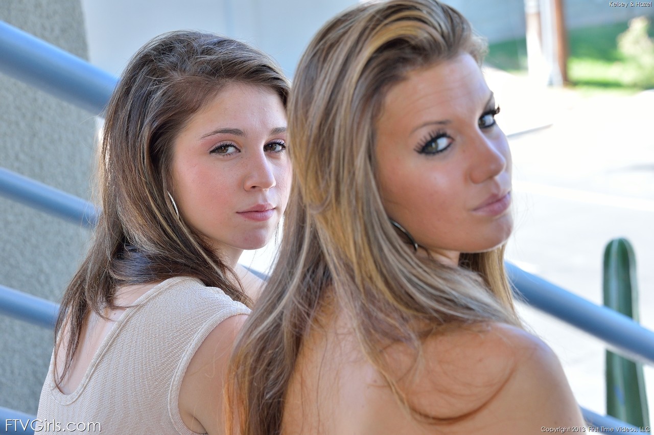 Brunette teens Hazel and Kelsey show their asses and amazing boobs outdoors